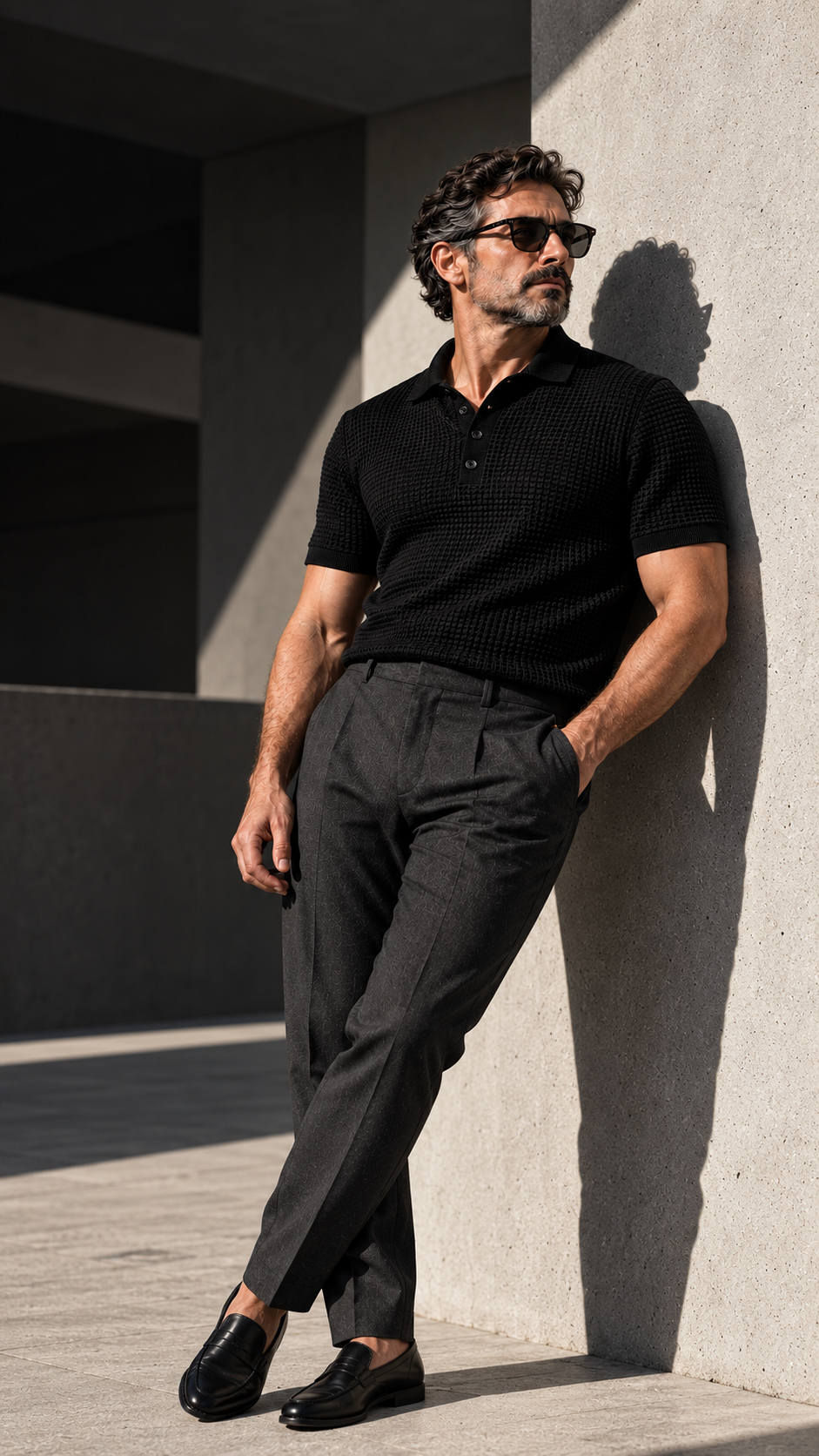 Modelo vestindo polo San Biarre & Co. preta em tricô waffle
